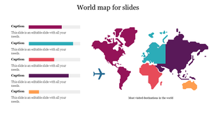 Colorful world map with five labeled captions and bar chart indicators on the left, highlighting most visited destinations.