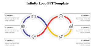 Infinity loop slide featuring colorful loops in blue, red, and yellow, with icons and placeholders for six captions.