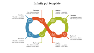 Colorful infinity loop infographic with eight icons and captions arranged around the loop in blue, green, and red tones.