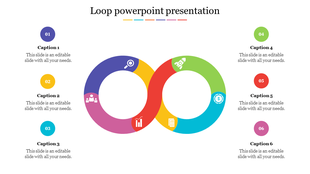 Colorful loop diagram PowerPoint slide with numbered sections for placeholder text on a white backdrop.