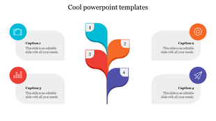 Vertical central stem with four curved branches in blue, orange, red, and purple, connected to caption boxes with icons.