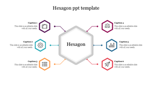 Hexagon shaped slide with six captioned sections connected to the center hexagon, each with its icon.