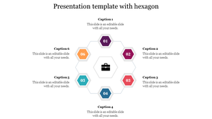 Hexagonal diagram with six numbered colorful hexagons around a central icon, each linked to matching text captions outside.