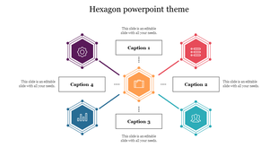 PowerPoint template featuring a hexagon design and color coded icons with five connected sections on a white backdrop.
