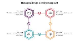 Hexagon PowerPoint template design with connected sections for business themes with color coded icons and captions.