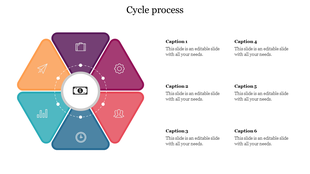 Cycle infographic featuring six colored wedge shapes with business icons encircling a central dollar icon.
