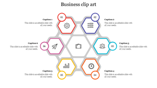 Business clip art slide with six interconnected hexagons featuring icons and numbered captions areas.
