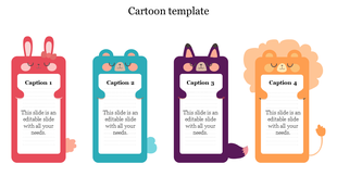 Cute cartoon template with four animal characters holding text sections in red, blue, purple, and orange.