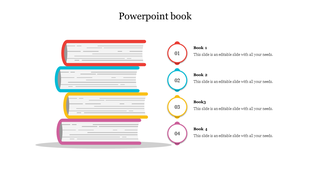 A PPT slide design with four stacked books, each labeled with a number and text for each section.