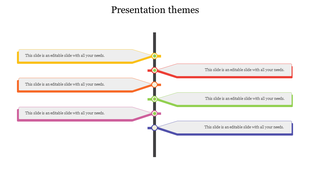 Themes slide with six colored rectangles yellow to  blue linked by circular nodes, each with placeholder text areas.