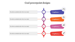 Slide displaying four shapes in purple, orange, pink, and red, each with an icon and caption, connected by vertical line.