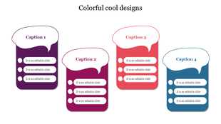 Four speech bubble shaped designs in purple, pink, red, and blue, each featuring three circular placeholders for text.