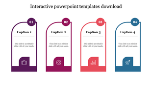 Four vertical, interactive curved rectangles in different colors, each with numbered icons, containing placeholder text.