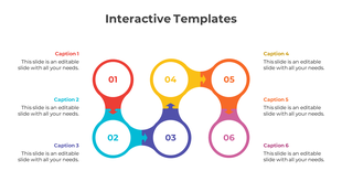 Vibrant layout featuring six connected circles with gradient colors, labeled from 01 to 06, with descriptive captions.
