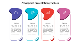 Graphics slide with four colorful icons representing a briefcase, gear, graph, and paper airplane, with  captions areas.