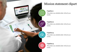 A collaborative scene of individuals reviewing construction plans on a table, by a laptop and four caption for mission.