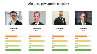 About us slide with four professional portraits, each showing position, name, and skill levels in color coded progress bars.