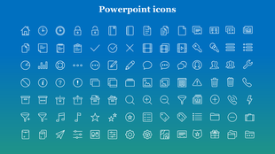 Set of white line icons, arranged neatly on a blue background, covering topics like analytics, tools, and multimedia.