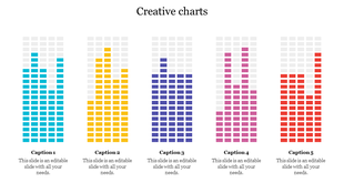 Bar chart slide with five colorful charts, each in a distinct color teal, yellow, purple, pink, and red, with caption spaces.