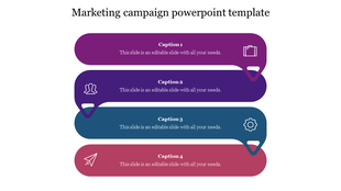 Marketing template with speech bubble shapes with icons inside, arranged vertically by a caption placeholder below.