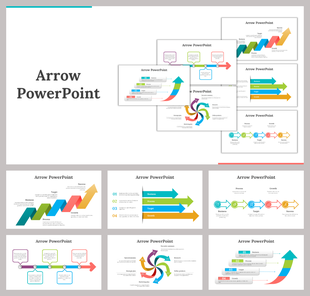 Slide deck featuring colorful arrows in different designs, including zigzag, curved, and linear arrangements with labels.