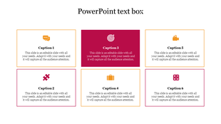 Two rows of three text boxes, each containing an icon and caption, with the middle box highlighted in red.