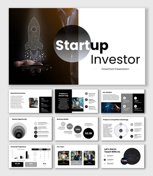 Startup Investor deck with rocket visual, circular shapes, market charts, team profiles, and KPI dashboards.