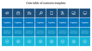 Table of contents slide with stacked blue blocks, each featuring an icon, a caption, and a check or cross icon.