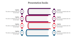 Illustration of stacked books in gradient colors with caption bubbles numbered one to eight on both sides.