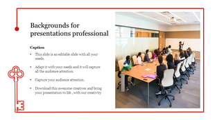 Professional slide showing bullet points and header on left, with a meeting room photo and red design accents on right.