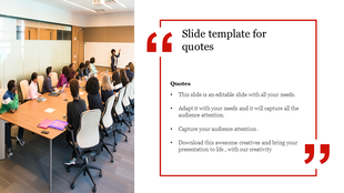Slide with a business meeting image on the left and a red bordered quote box on the right, containing bullet points.