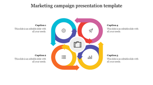 Marketing cycle graphic with four curved arrows and icon, each loop linked to a caption section with matching alignment.