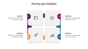 A four part startup PowerPoint template with icons for business, settings, mail, and data with captions.