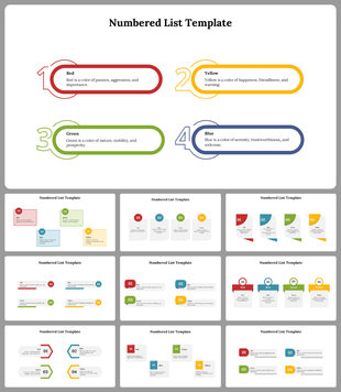 Slide pack with colorful numbered shapes in red, yellow, green, and blue, arranged in different layouts with descriptions.