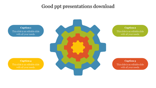 Good with five interlocked colorful gears at center and four rounded caption boxes placed symmetrically on both sides.