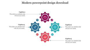 Modern slide with five gears in a diamond layout, each containing an icon and linked to editable captions around the slide.