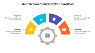 Semi circular infographic with four segments in yellow, blue, purple, and orange, around a central gear icon and captions.