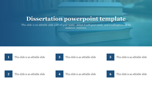 Dissertation PowerPoint slide with six numbered sections and a background of stacked books.
