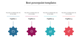 Template featuring four gear graphics with icons and vertical connectors to bold captions and text areas above.