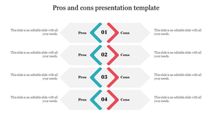 Pros and cons presentation template with four rows, each showing a pair of icons with placeholder text on a white backdrop.