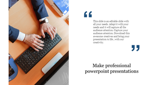 Split layout with a business professional typing on a keyboard and a text block with large blue quotes on the right.
