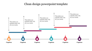 Minimalist design slide with a horizontal timeline featuring six colorful markers and captions for each step.
