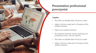 Professional template with curved divider, left side showing hands over a laptop, and right side text and bullet points.