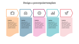 Infographic slide with five pentagonal icons on top and curved text boxes below in orange, blue, pink, green, and red shades.