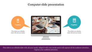 Computer PPT slide featuring a laptop showing a data map, with two speech bubbles on either side for captions.