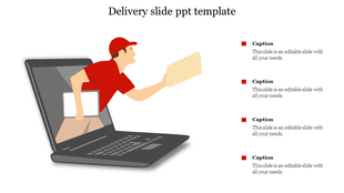 Delivery template featuring an illustration of a courier emerging from a laptop screen, holding a parcel and a package.