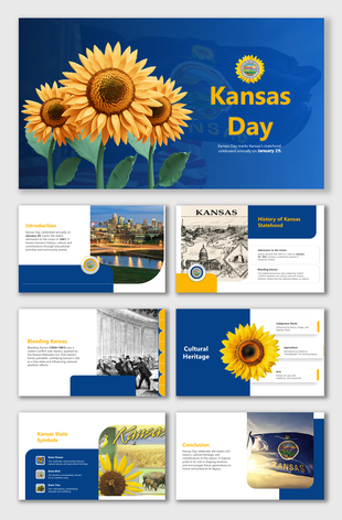 Kansas day slide showcasing a vibrant sunflower on the left, text on white to the right.