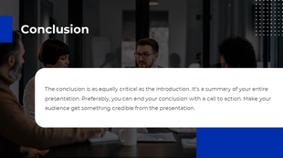 Conclusion slide with a blurred group meeting image and a text block having a caption area to end.