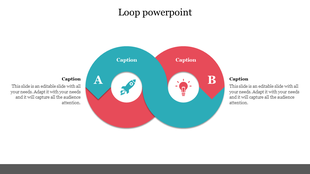 Loop PowerPoint template with two overlapping circles labeled A and B, each containing an icon for innovation and creativity.