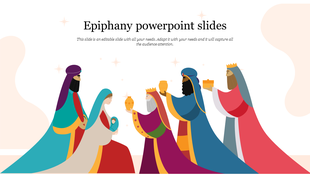 Illustration of the Epiphany with three kings offering gifts to Mary holding baby Jesus, surrounded by stars.